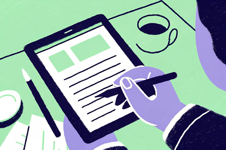 Ilustração para simbolizar uma assinatura eletrônica e gestão de contratos individuais de trabalho.